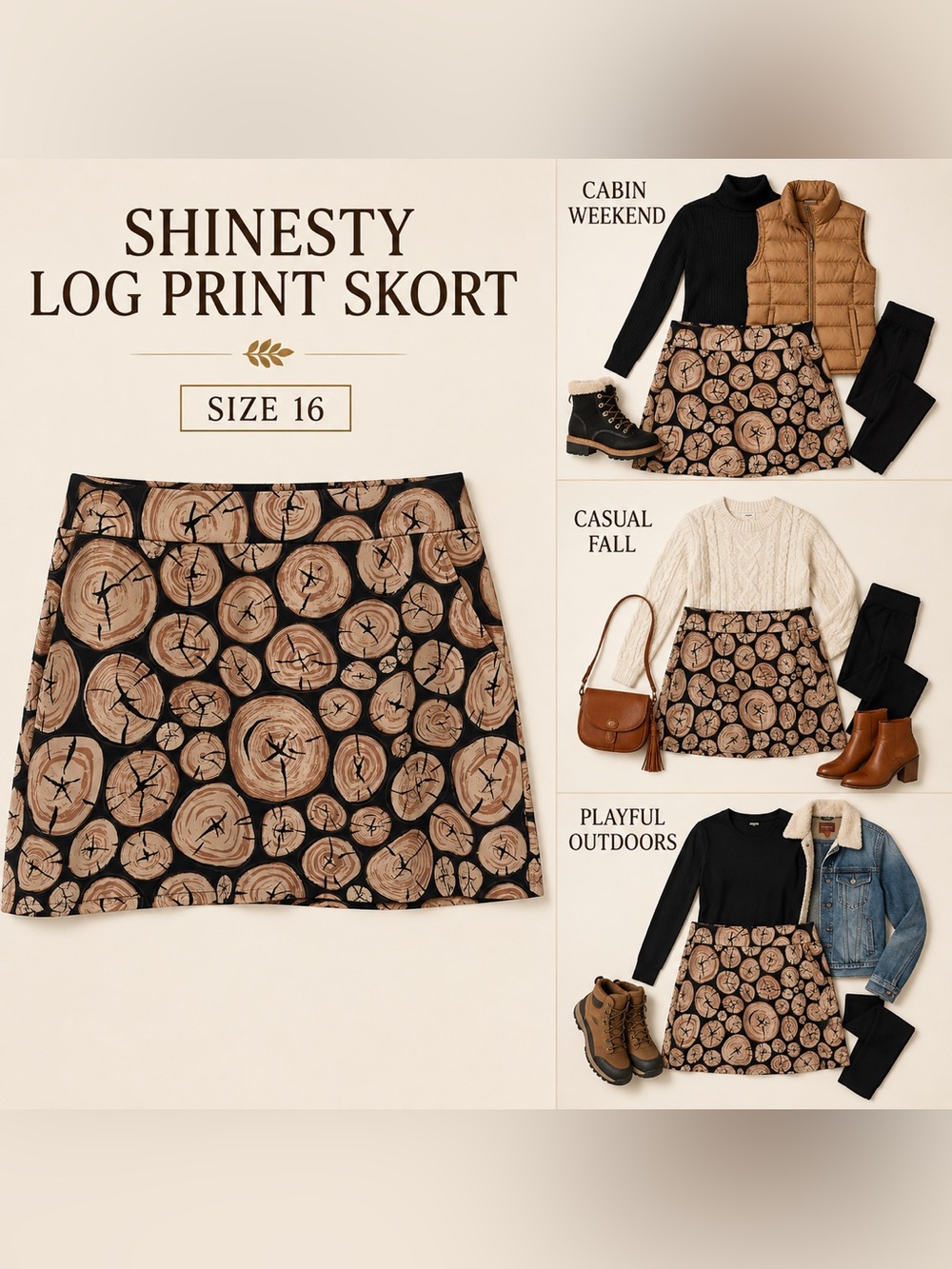 Shinesty Log Print Skort Black Brown Novelty Cabin Size 16